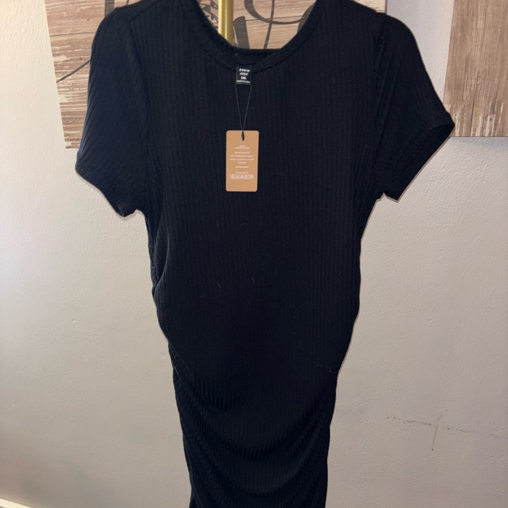 SHEIN Black Ribbed Short Sleeve Midi Dress